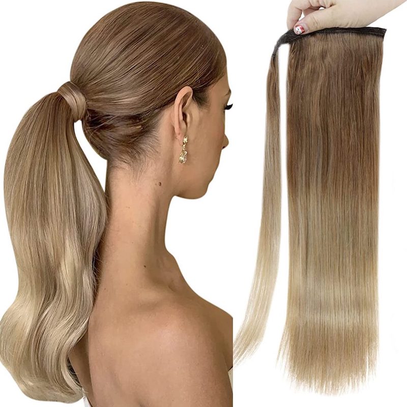 Extension Queue de Cheval Cheveux Humains Balayage Brun #10/14 100G Clip Droit