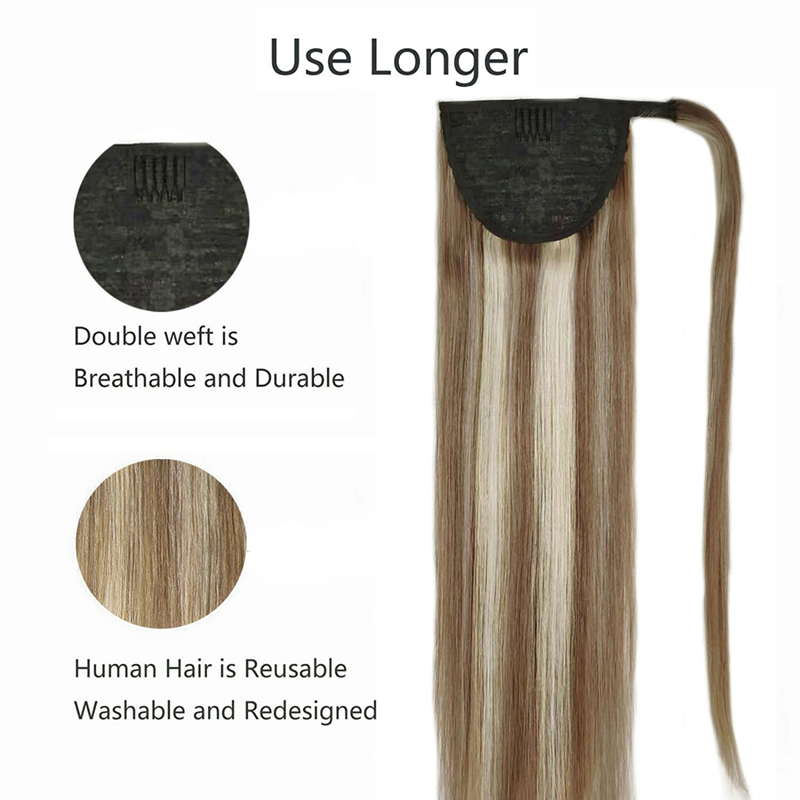 Extension de queue de cheval cheveux humains postiches brun foncé et blond décoloré