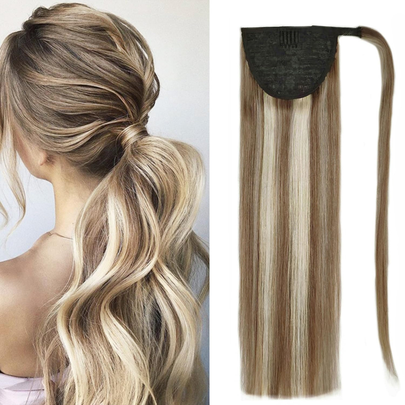 Extension de queue de cheval cheveux humains postiches brun foncé et blond décoloré