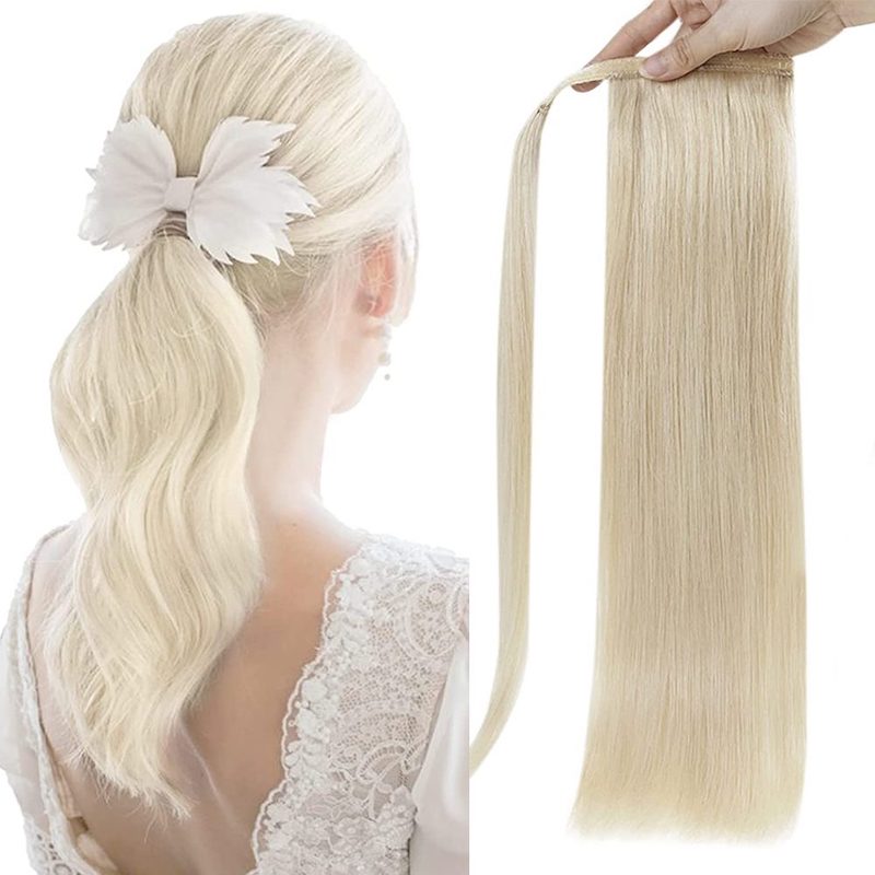 Extension queue de cheval cheveux humains blond platine #60 100G Extension à clipser