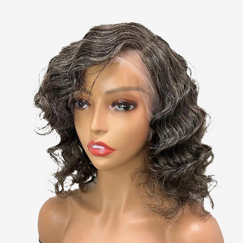 Perruques de cheveux humains au sel et au poivre Perruques en dentelle sans colle Bob court