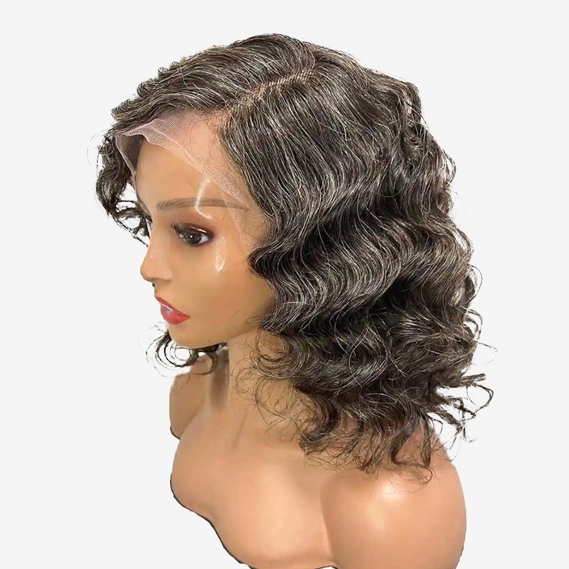 Perruques de cheveux humains au sel et au poivre Perruques en dentelle sans colle Bob court