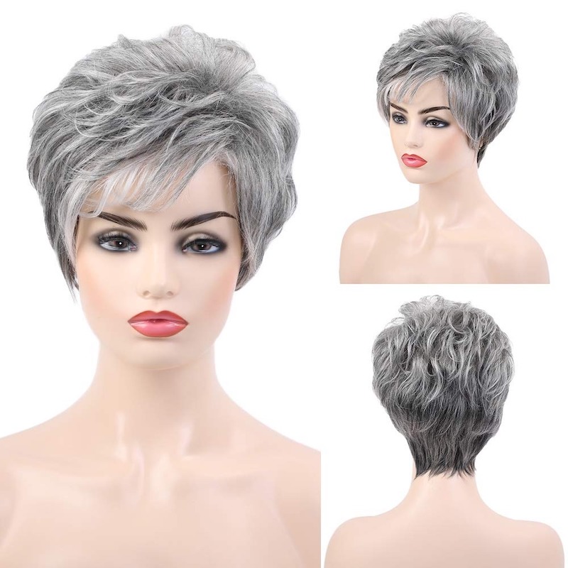 Perruques synthétiques sel et poivre pour femmes, perruque coupe lutin avec frange