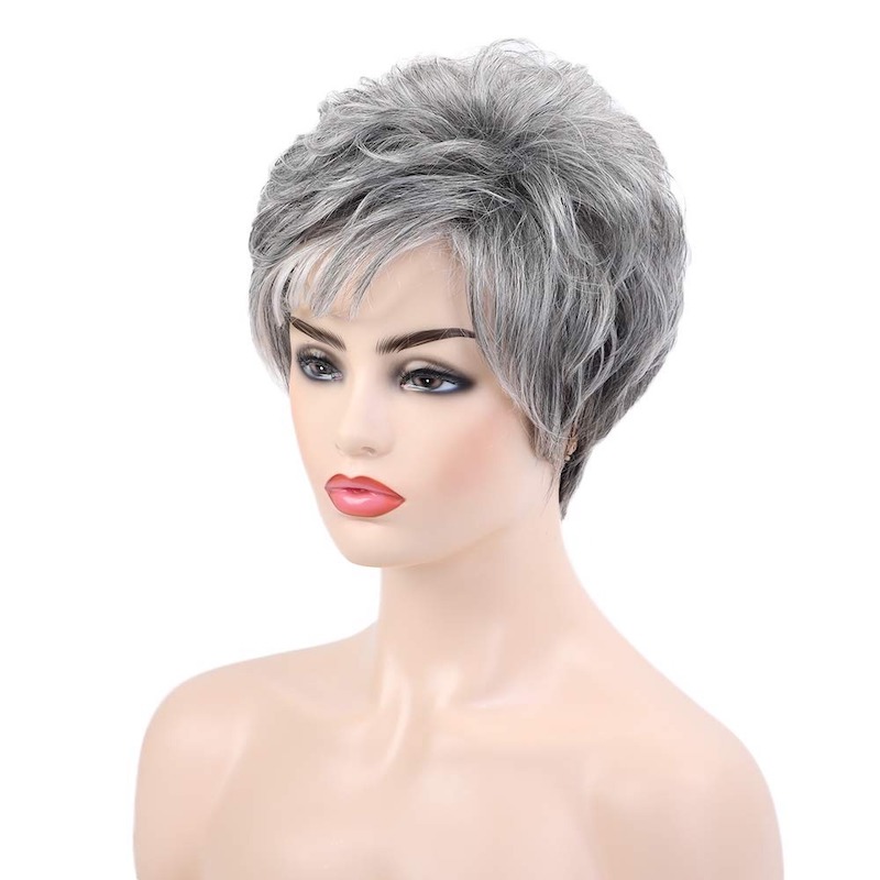 Perruques synthétiques sel et poivre pour femmes, perruque coupe lutin avec frange