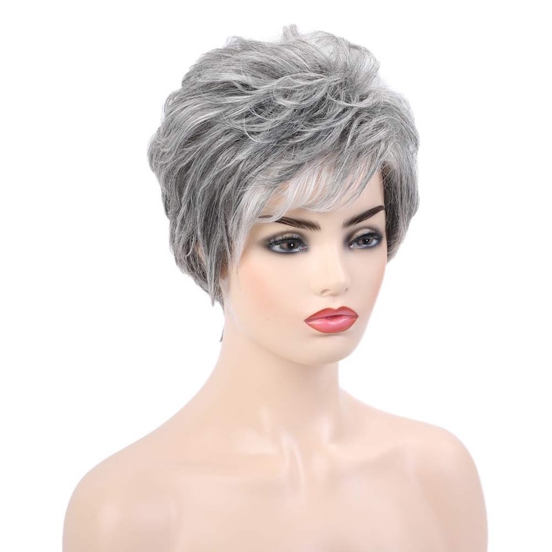 Perruques synthétiques sel et poivre pour femmes, perruque coupe lutin avec frange