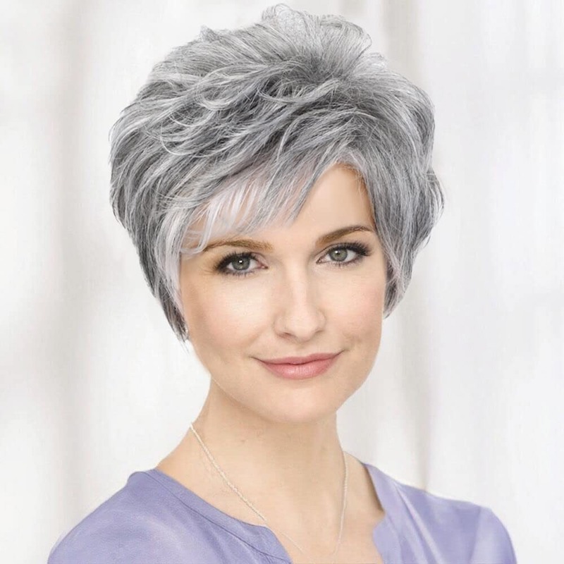 Perruques synthétiques sel et poivre pour femmes, perruque coupe lutin avec frange
