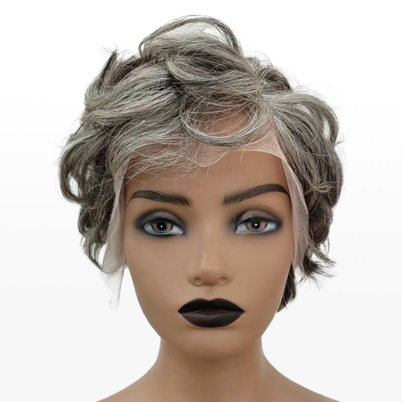 Salt & Pepper Custom Pixie Cuts Perruque Vague Naturelle Bangs Perruques Pour Maman
