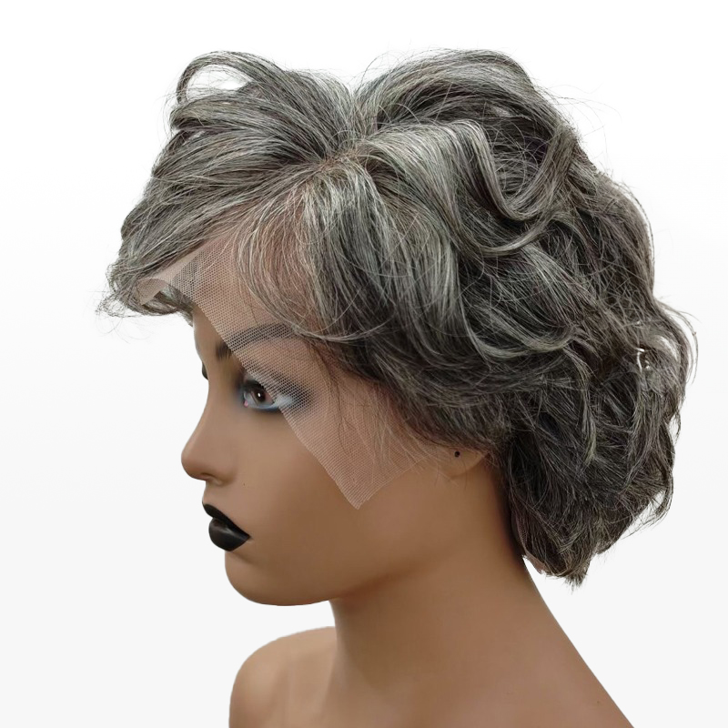 Salt & Pepper Custom Pixie Cuts Perruque Vague Naturelle Bangs Perruques Pour Maman