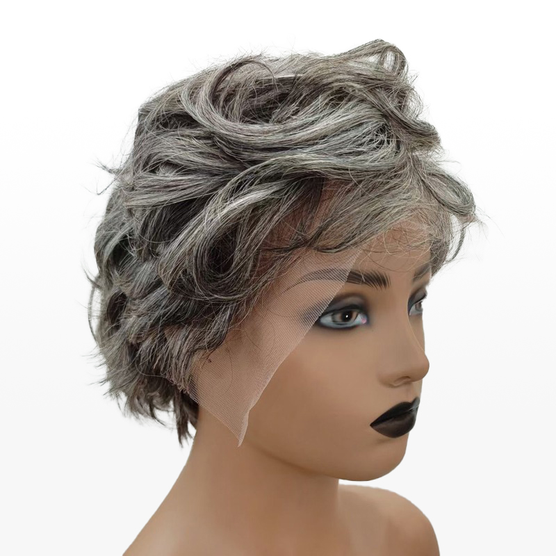 Salt & Pepper Custom Pixie Cuts Perruque Vague Naturelle Bangs Perruques Pour Maman