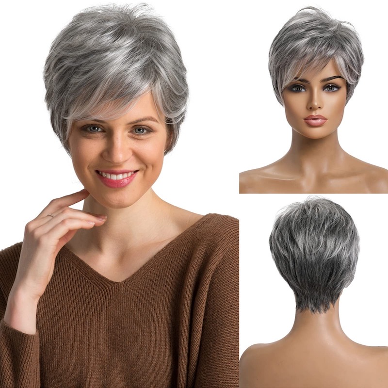 Perruques de cheveux synthétiques gris courts pour femmes, perruques quotidiennes naturelles coupe lutin