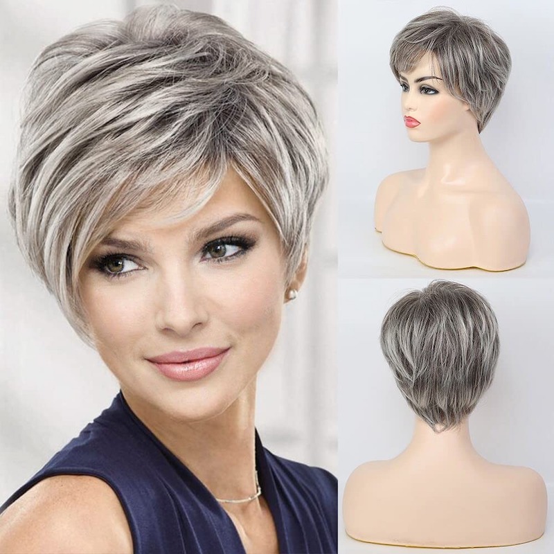 Perruques synthétiques grises courtes pour femmes, cheveux naturels, coupe quotidienne Pixie
