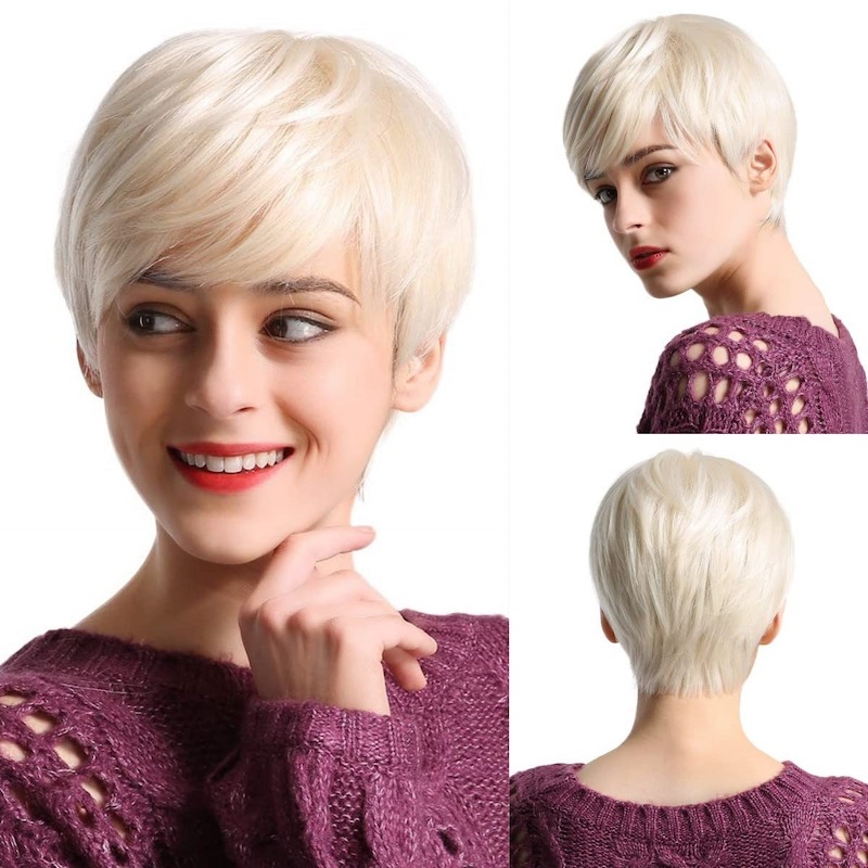 Perruques synthétiques courtes blondes platine coupe lutin avec frange