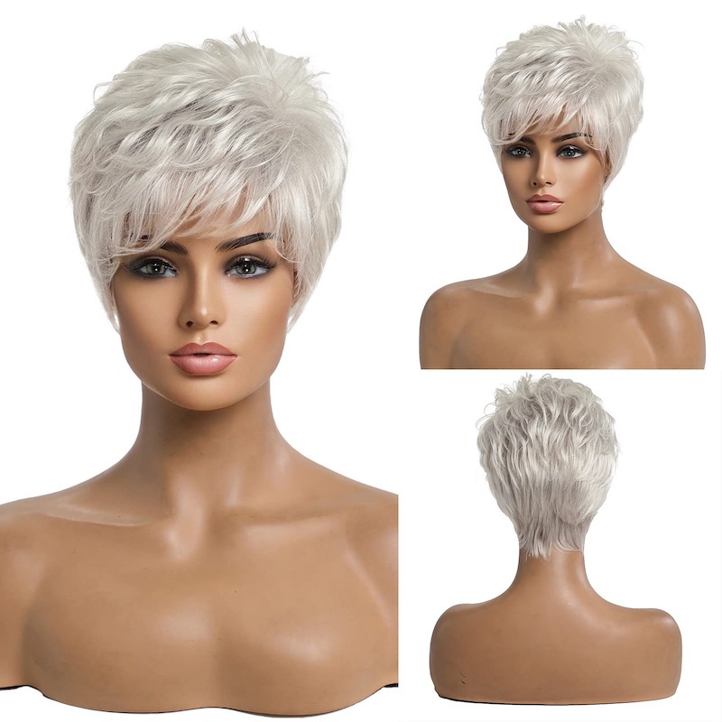 Perruques de cheveux gris argentés courts pour femmes mélangent la perruque coupe lutin avec frange