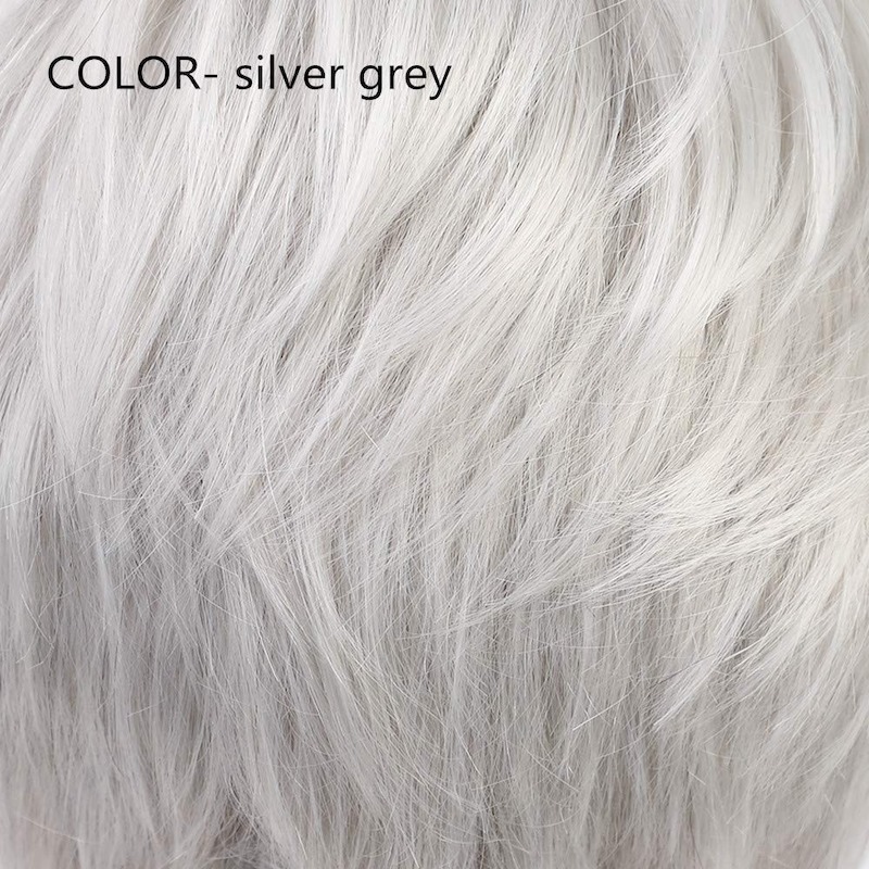 Perruques de cheveux gris argentés courts pour femmes mélangent la perruque coupe lutin avec frange
