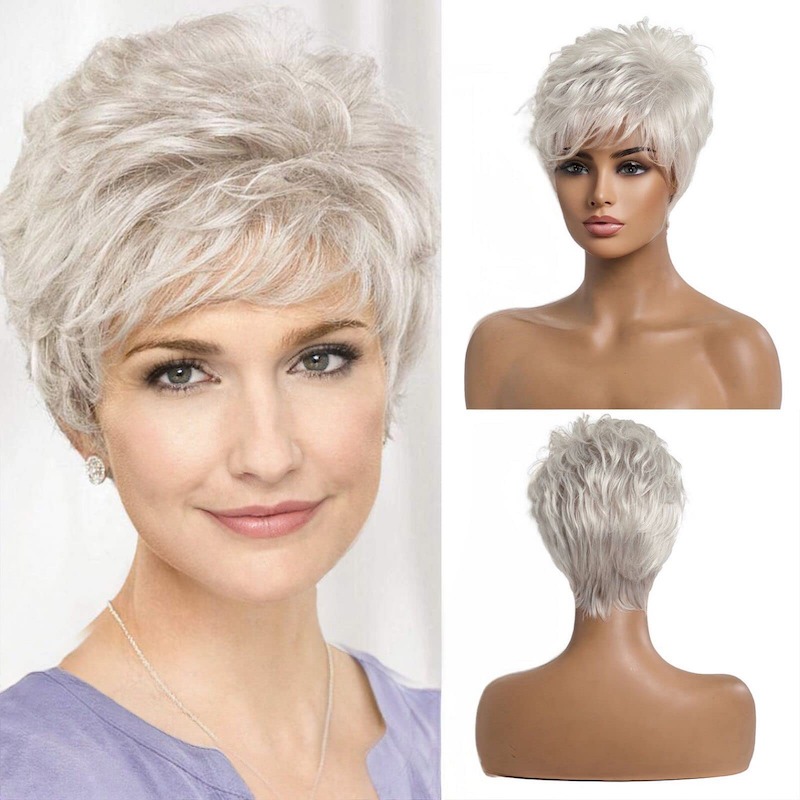 Perruques de cheveux gris argentés courts pour femmes mélangent la perruque coupe lutin avec frange