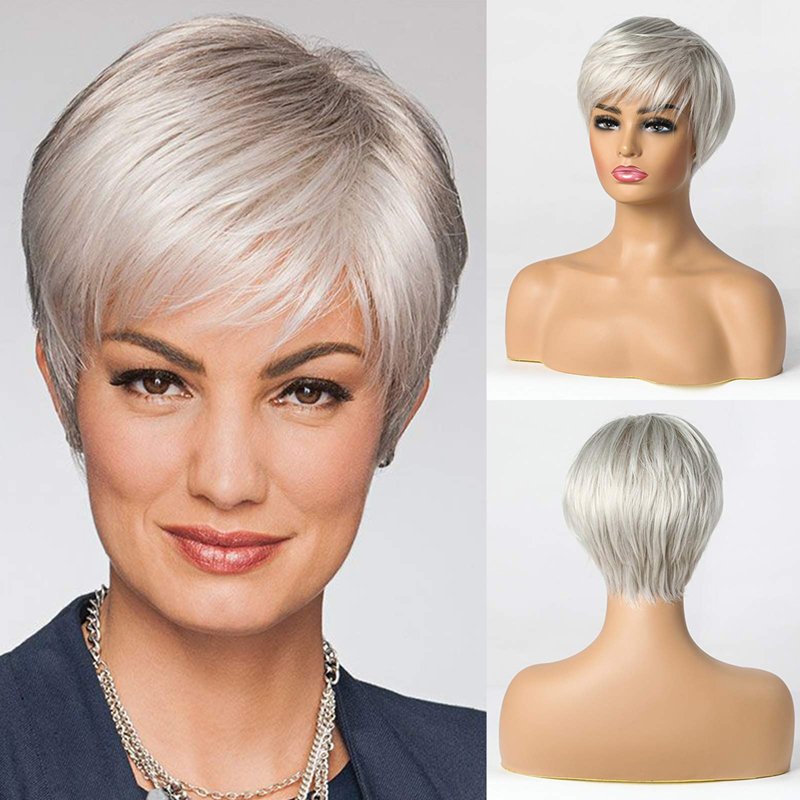 Perruques synthétiques courtes gris argenté pour femmes, perruque coupe lutin
