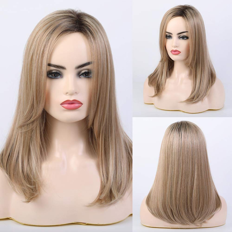 Strawberry Blonde Wigs Side Part Straight Shoulder Length Synthetic Wigs Ombre Dark Root