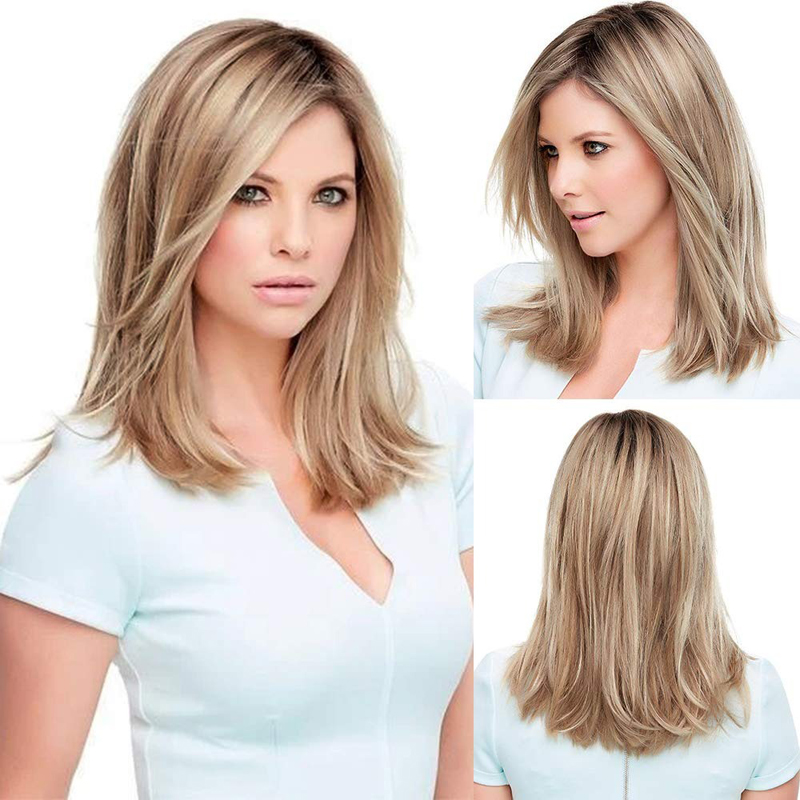 Strawberry Blonde Wigs Side Part Straight Shoulder Length Synthetic Wigs Ombre Dark Root