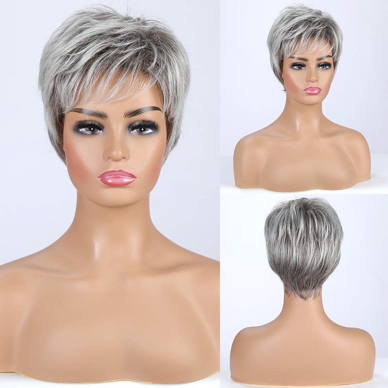 Perruque synthétique grise courte élégante pour femme, perruque coupe lutin