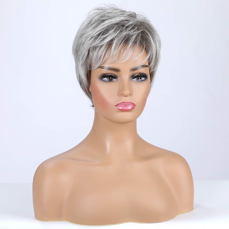 Perruque synthétique grise courte élégante pour femme, perruque coupe lutin