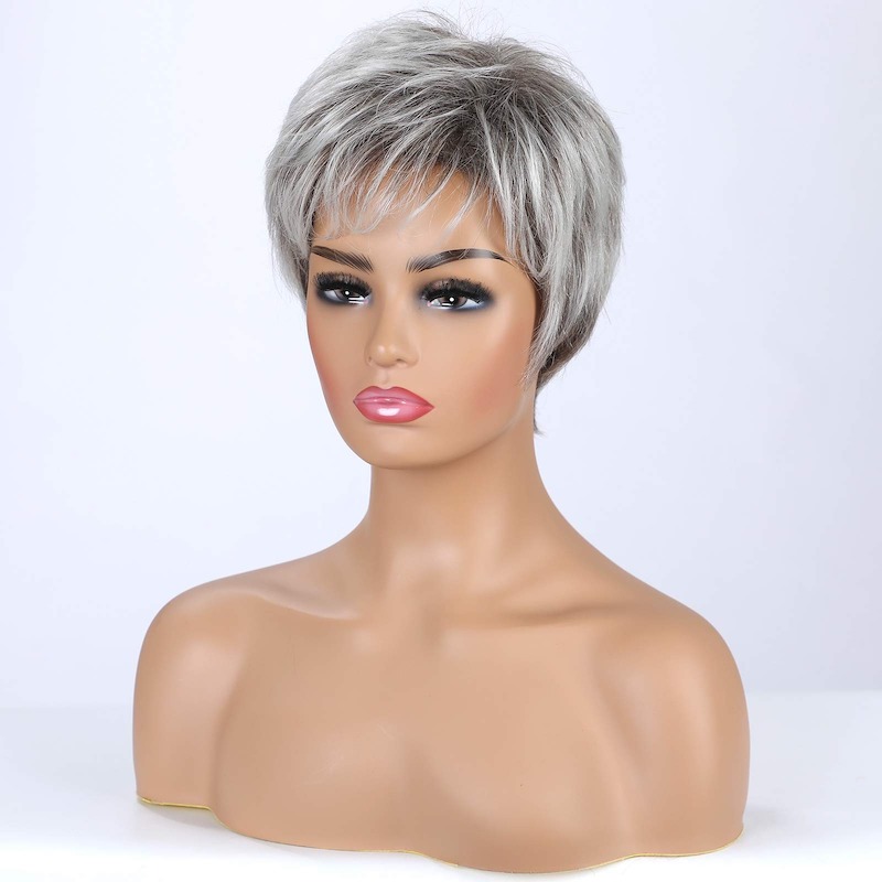Perruque synthétique grise courte élégante pour femme, perruque coupe lutin