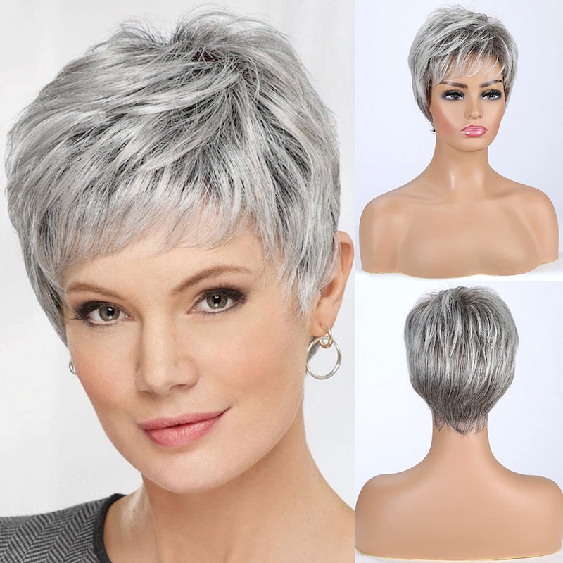 Perruque synthétique grise courte élégante pour femme, perruque coupe lutin