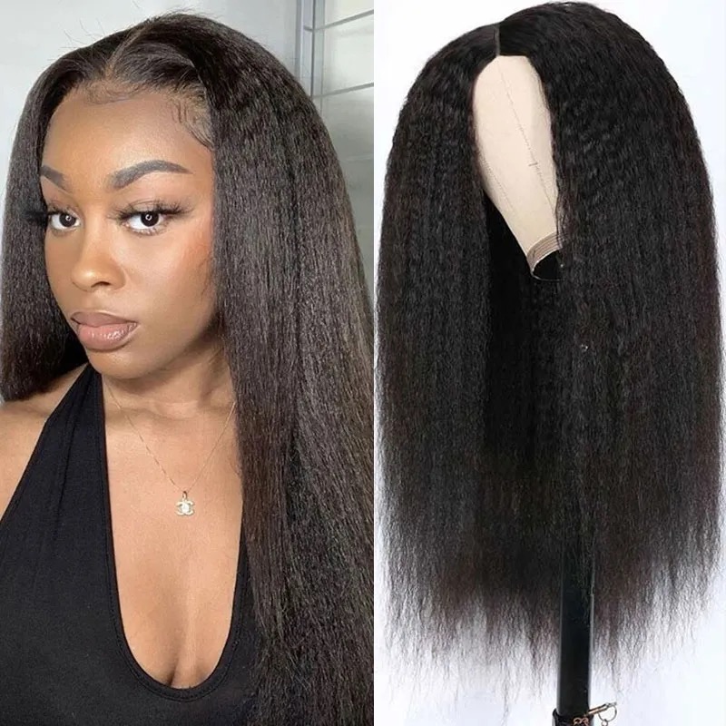 V Part Wig Kinky Straight Human Hair Style de protection Aucun Lace Wig