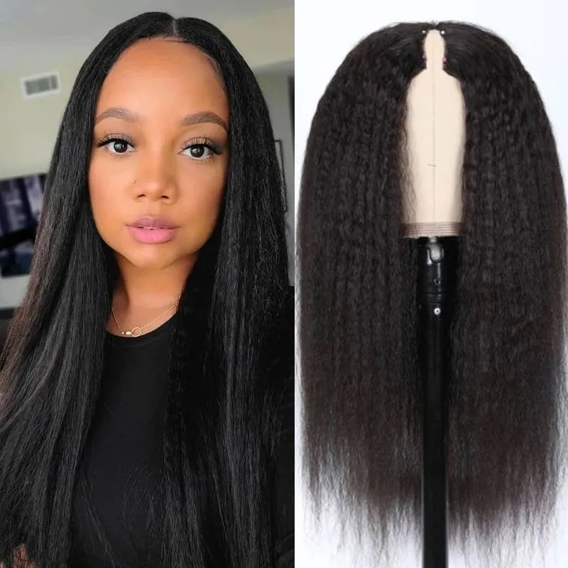 V Part Wig Kinky Straight Human Hair Style de protection Aucun Lace Wig