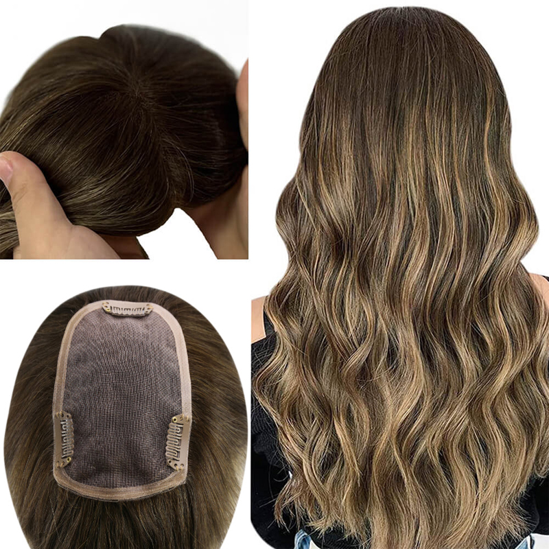 Toppers de cheveux vierges 3x5 pouces postiche de base en dentelle pour les femmes Balayage #4/27/4