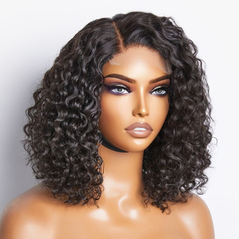 Perruque courte 100% cheveux humains ondulés avec fermeture 4x4 et partie latérale sans colle